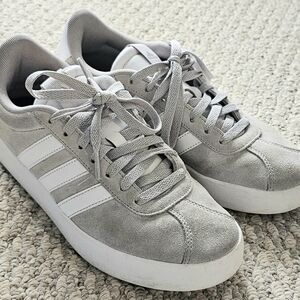 adidas Light Gray Suede Women's Sneakers with White Stripes